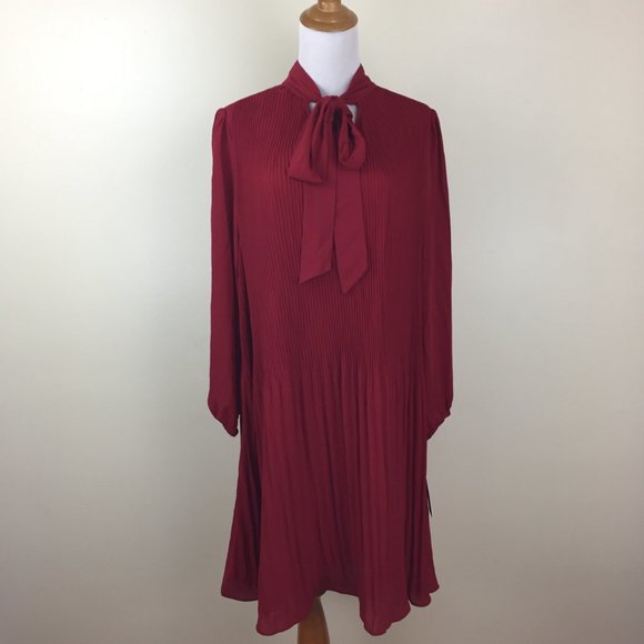 NWT NANETTE LEPORE Heritage Red Pleats Tie Collar Long Sleeve Dress - Picture 4 of 8